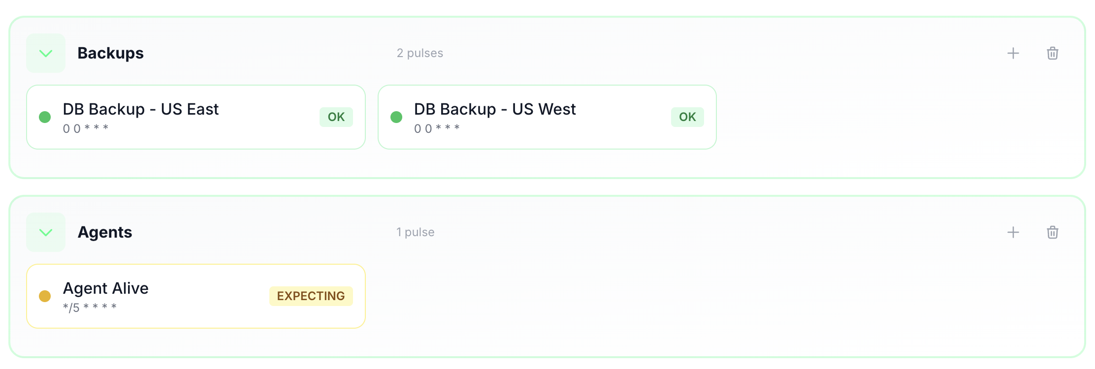 Pulse groups organizing jobs by category like Backups and Agents