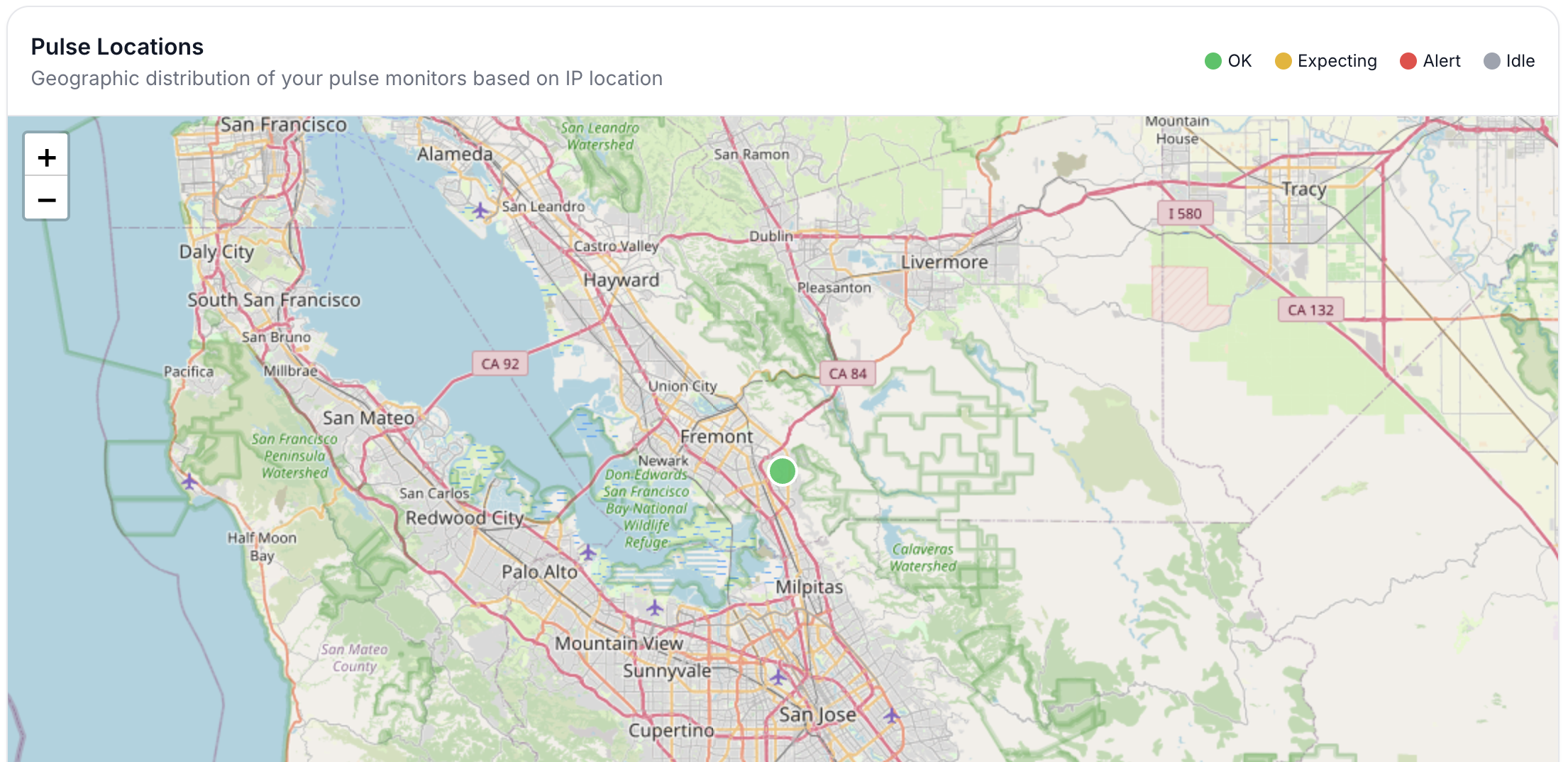 Detailed map view of San Francisco Bay Area pulse locations